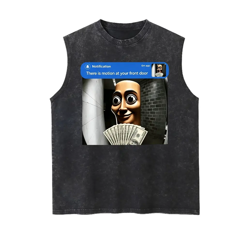 Cotton graphic tank top  “There is Motion at Your Front Door” MEME Vintage Washed Tank 90s Graphic Sleeveless Tank Tops Men Vest Streetwear Outfits Men Vacation Outfits Sleeveless Shirt