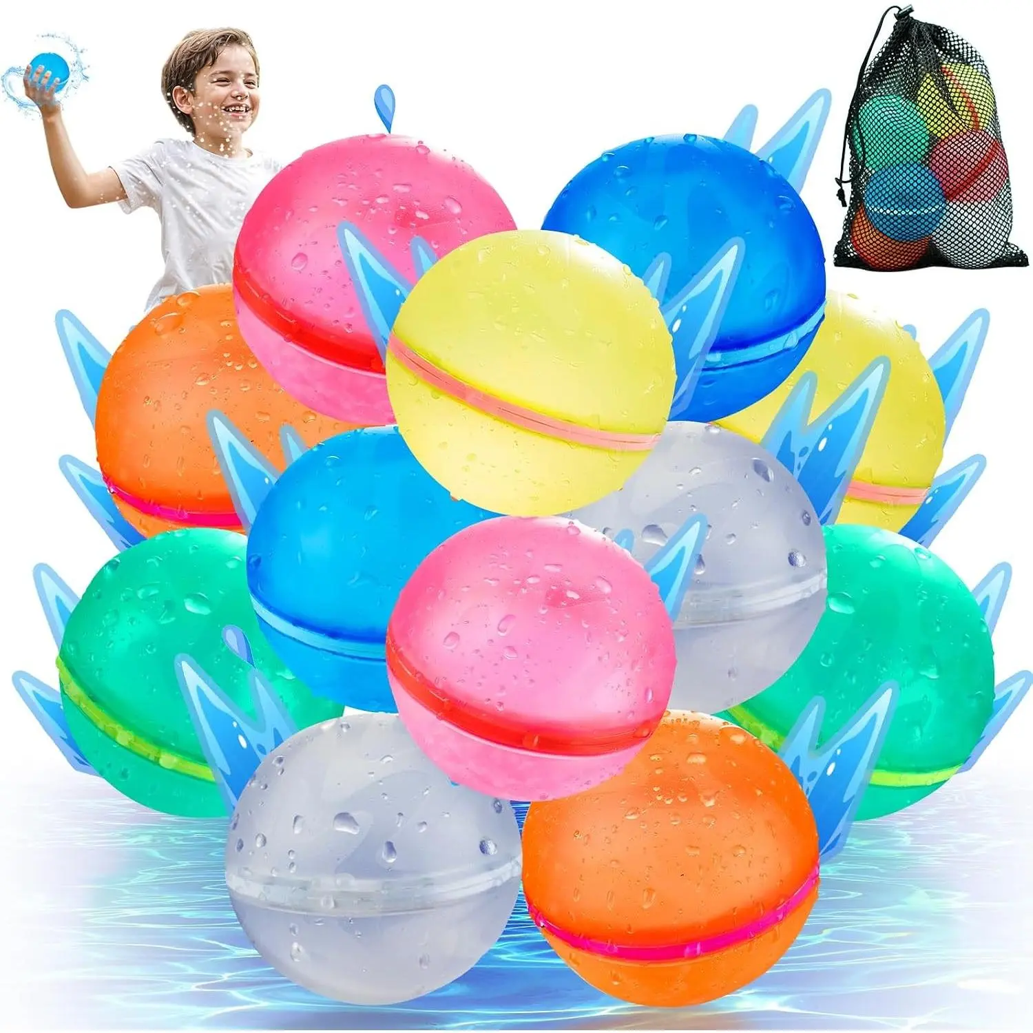 12-Pack Reusable Magnetic Self-Sealing Refillable Silicone Water Balloons, Kids' Summer Outdoor Pool Toys, Suitable for Ages 3+