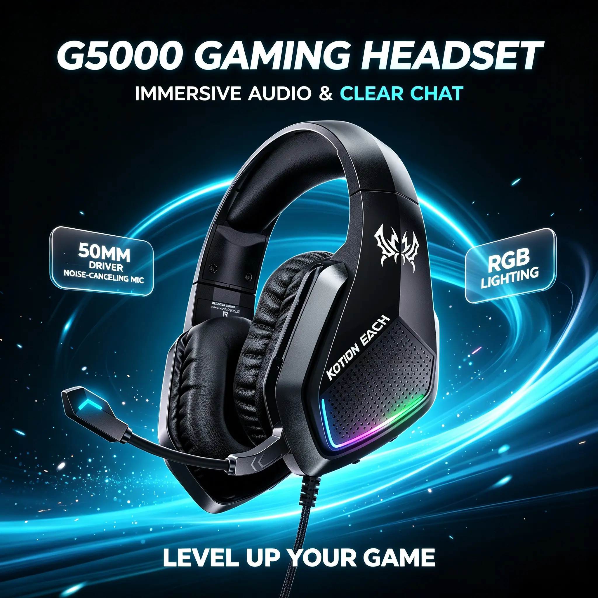 SPRISE G5000 Gaming Headset, Noise-Canceling Mic, RGB Lighting, 7.1 Surround Sound, Compatible with PC, Ps4, Ps5, Laptop