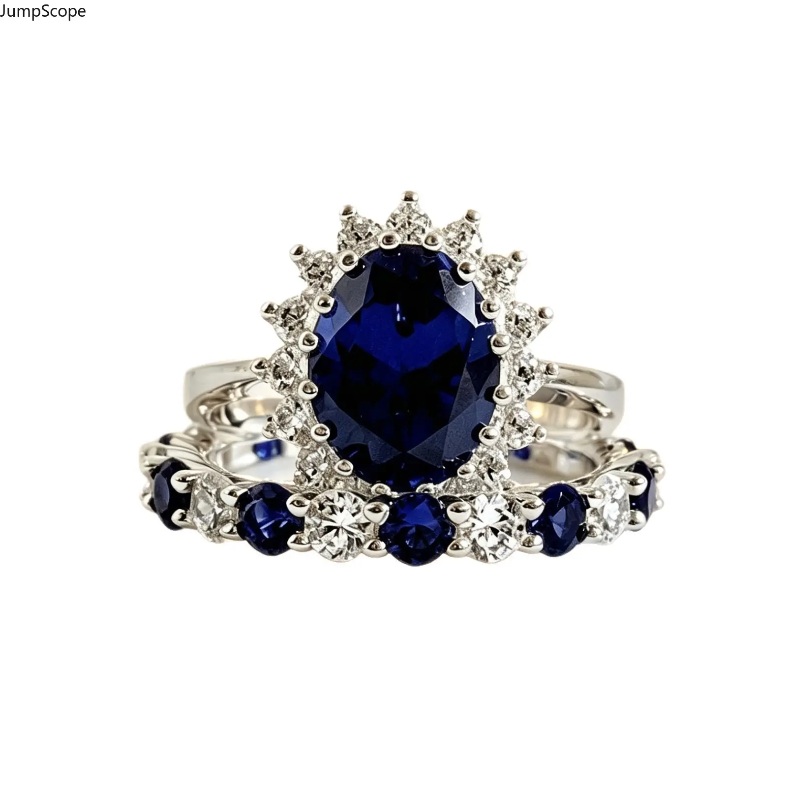 White Gold Plated Oval Deep Blue Sapphire CZ 2Pcs Stackable Ring Set For Women, Sunburst Halo Royal Vintage Engagement & Alternating Blue White CZ Wedding Band For Wedding Proposal Anniversary Gift