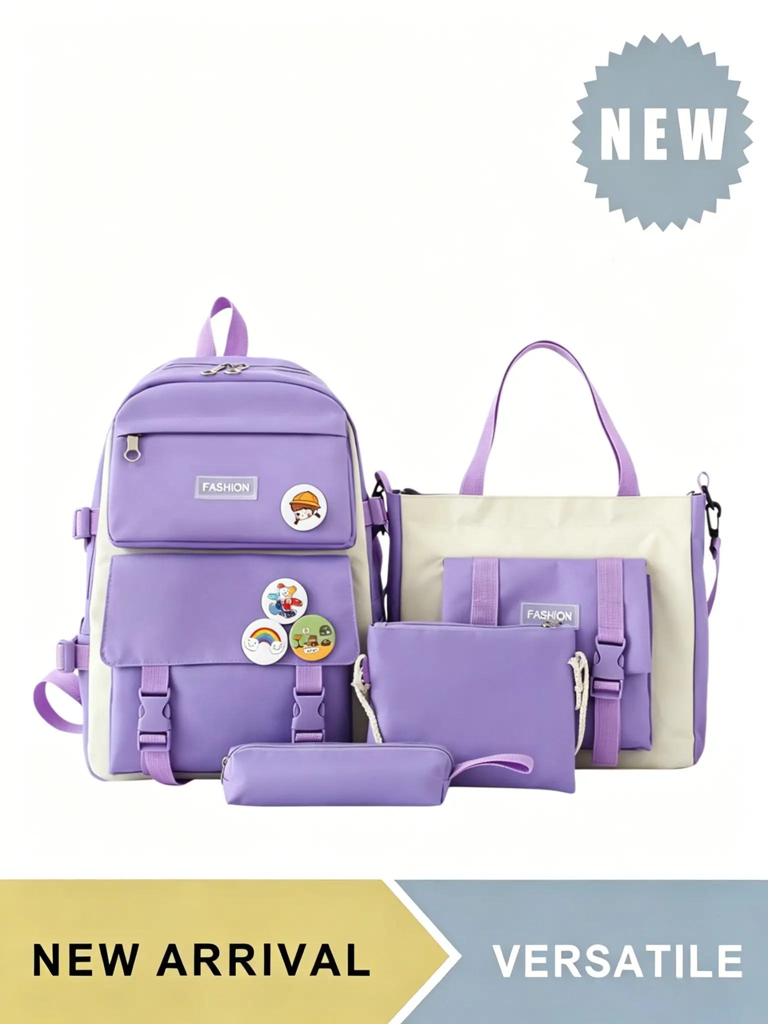 Cute Style Backpack Set, Blue Colorblock Design, Durable Oxford Fabric, Includes Fashion Badge and Coin Purse, All-Season Use, Cute Daypacks