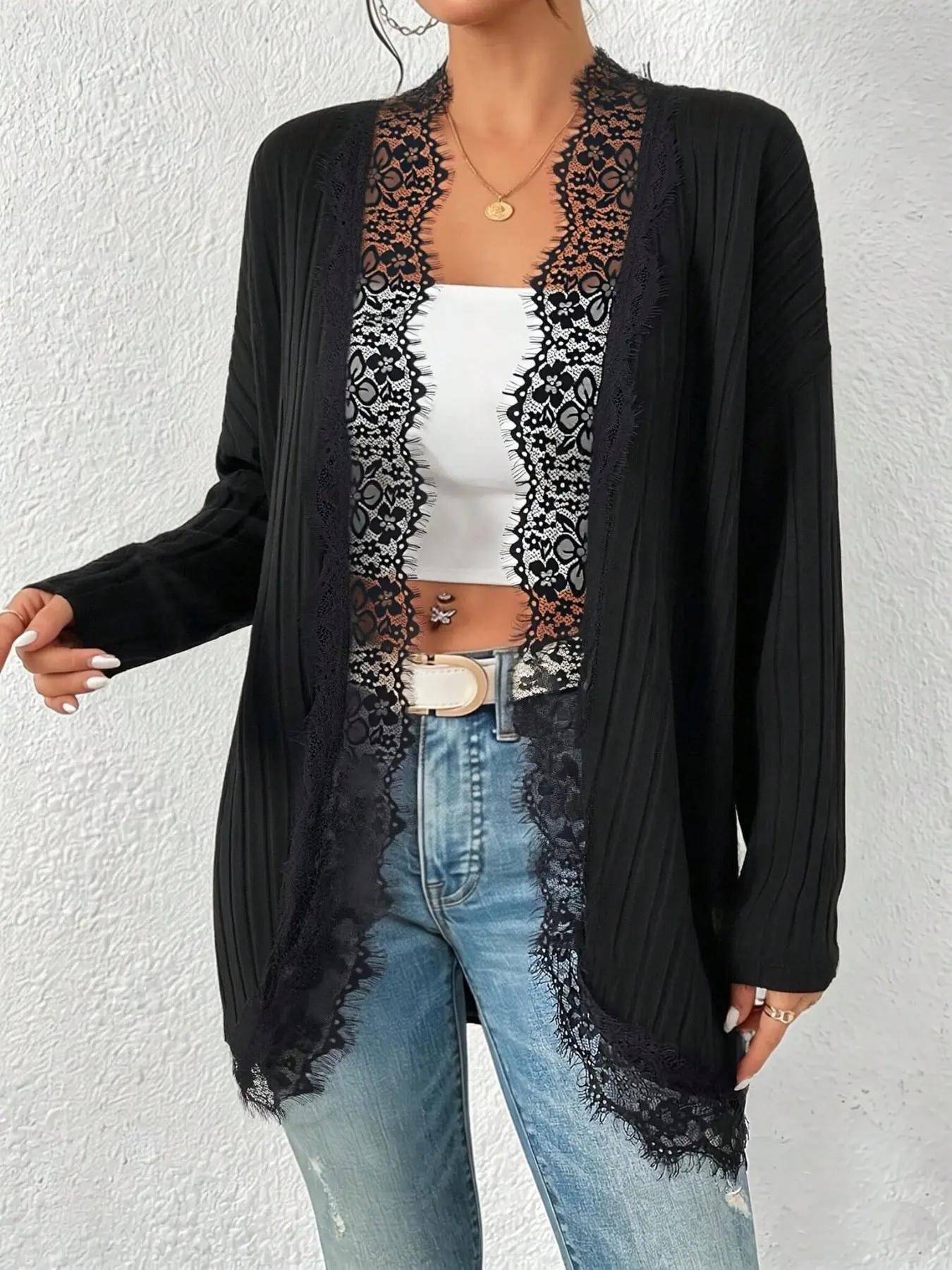 Women's Casual Lace Patchwork Knit Cardigan, Fall Early Autumn Sweater Coat, Office Commute Daily Wear, Party Festival