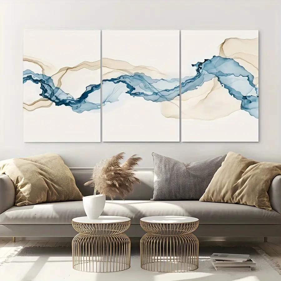 3-piece set of framed canvas paintings, blue and brown smoke wave landscape abstract pattern paintings, modern canvas wall art, suitable as a gift for the bedroom, living room, hallway, wall art, wall decoration, winter decoration, room decoration - wrapp