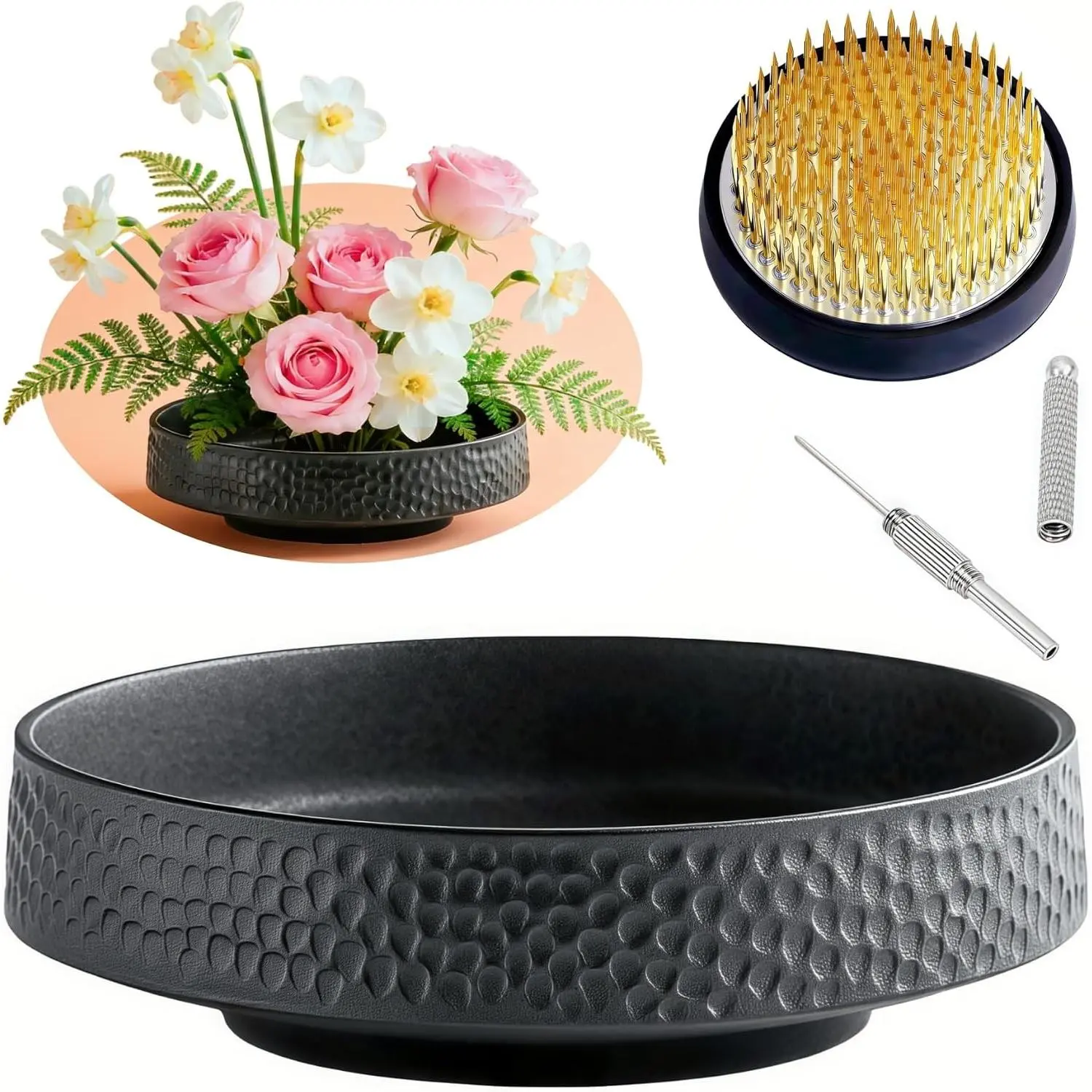 2.4Inch Japanese Ikebana Vase Kit, Flower Arranging Supplies with Flower Frog Kenzan & Needle Straightening Tool, Hammering Pattern Ikebana Bowl Floral Container