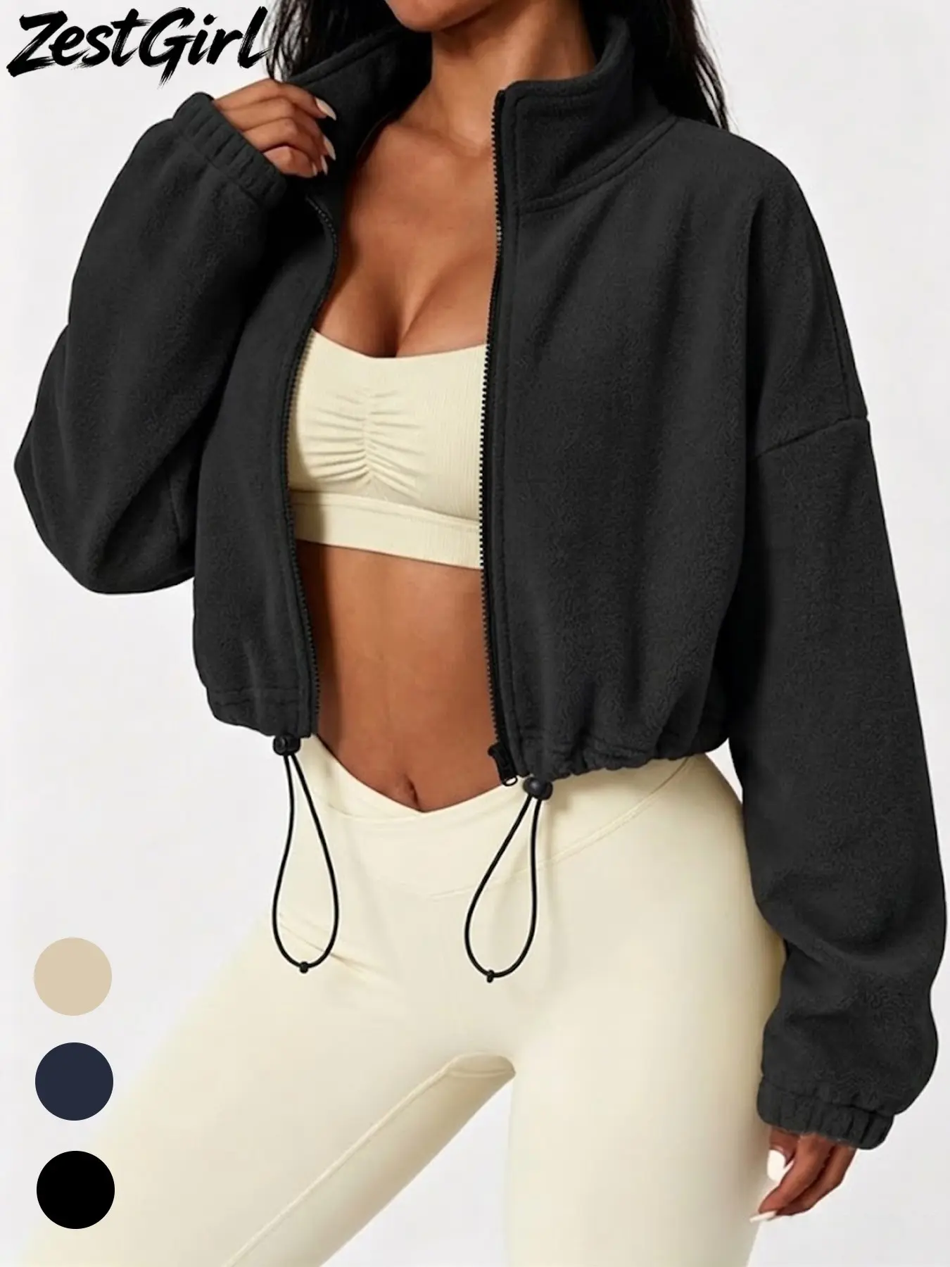 Women's Polar Fleece Short Zipper Jacket, Stand Collar Drawstring Hem Loose Sporty Outerwear, Lightweight Casual Top for Gym, Running, Street Style