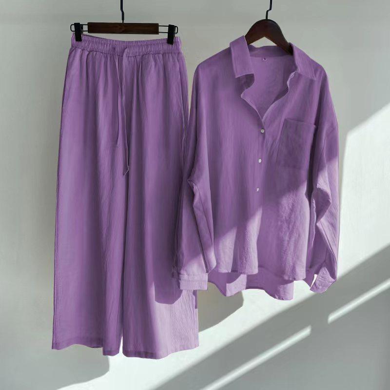 Ms. Xun's 2-piece Retro Plus Size 2026 Cotton Linen Shirt Set with High-waisted Loose Trousers