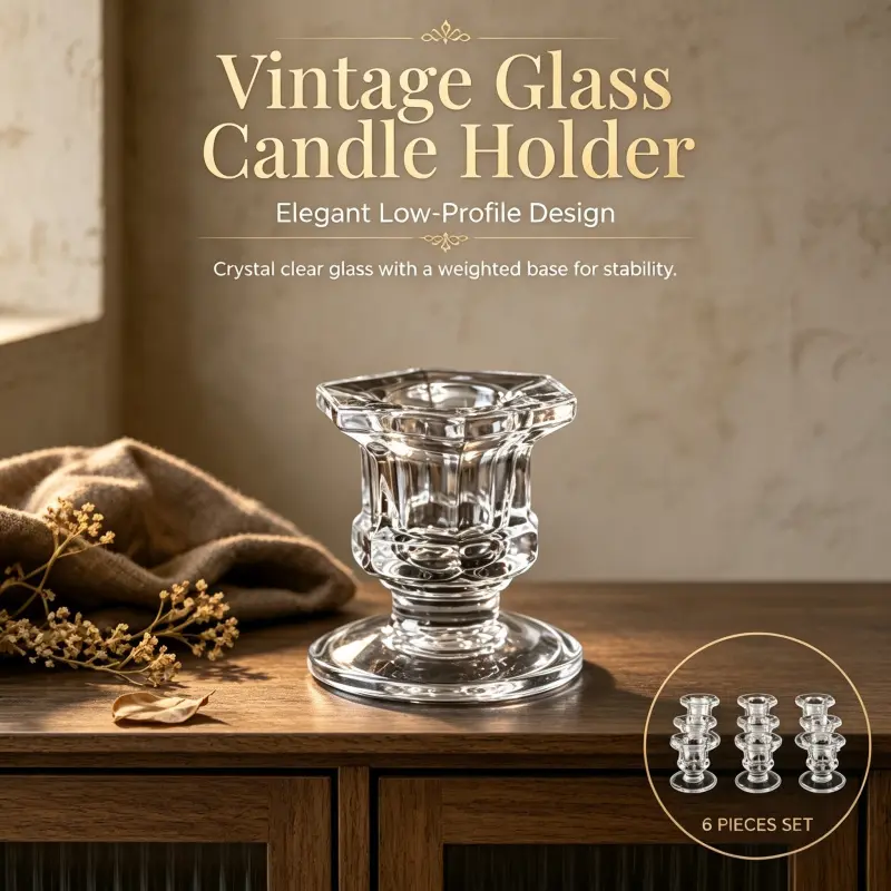 Heavy Base Vintage Crystal Glass Candle Holders 6 Pieces Low Silhouette Clear Candlestick For Taper Candles Wedding Banquet Table Decor