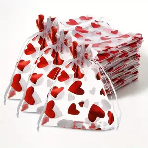 [50 Pcs, 3.5" x 4.7" / 9x12cm] Red Heart Organza Drawstring Bags, Sheer Mesh Gift Pouches for Valentine's Day Candy, Wedding Party Favors, Bridal Shower, and Jewelry Packaging