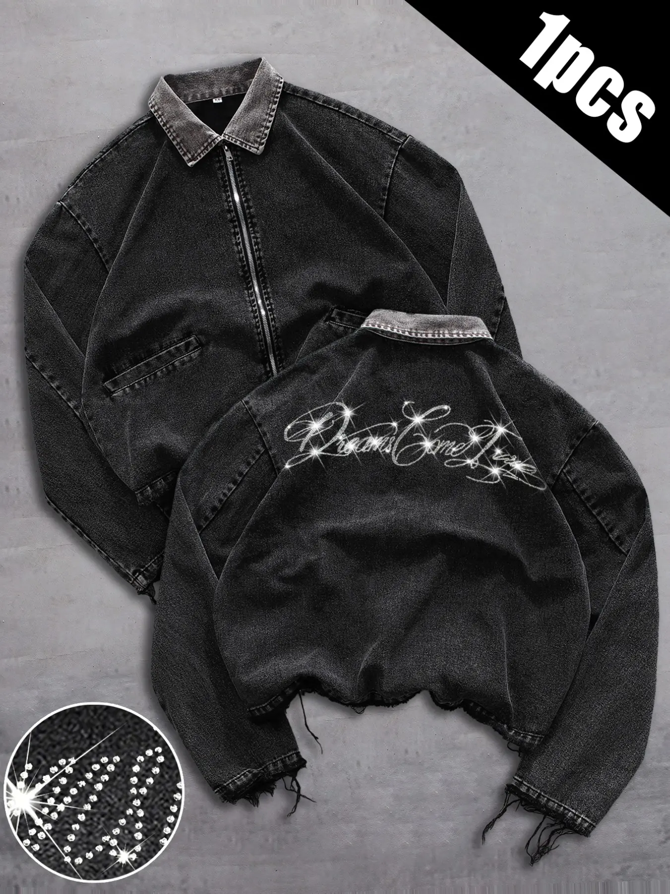 Men's American Street Style Vintage Zipper Denim Jacket, Back Letter Rhinestone Design, Frayed Edge High Fashion, Retro Streetwear