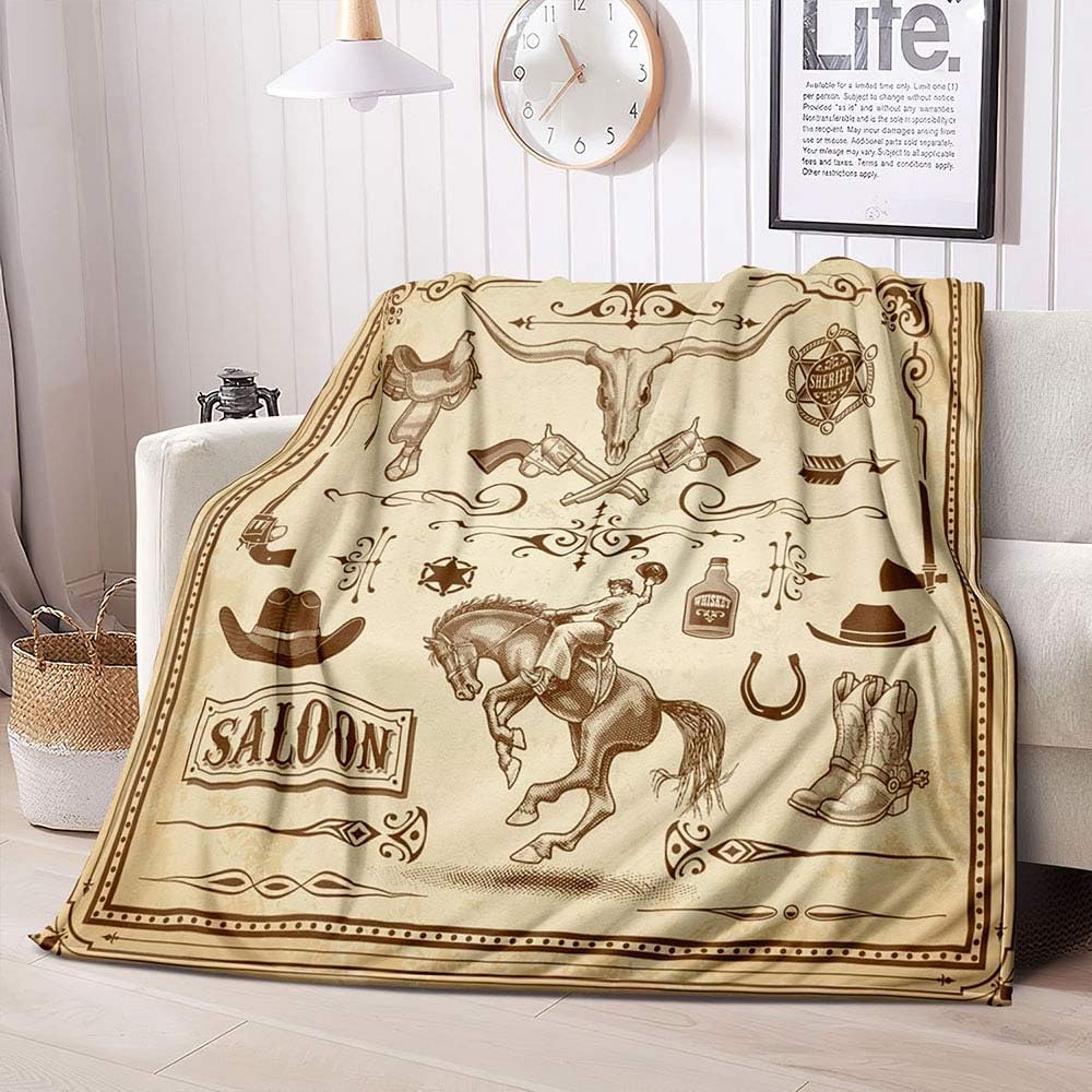 FRANALA Western Throw Blanket, Cow Skull Cowboy Hat Boots Wagon Wheel Texas Star Brown Barn Door Rustic Farmhouse Wild West Blanket, Cozy Soft Fuzzy Flannel Fleece Blanket for Couch, Sofa,