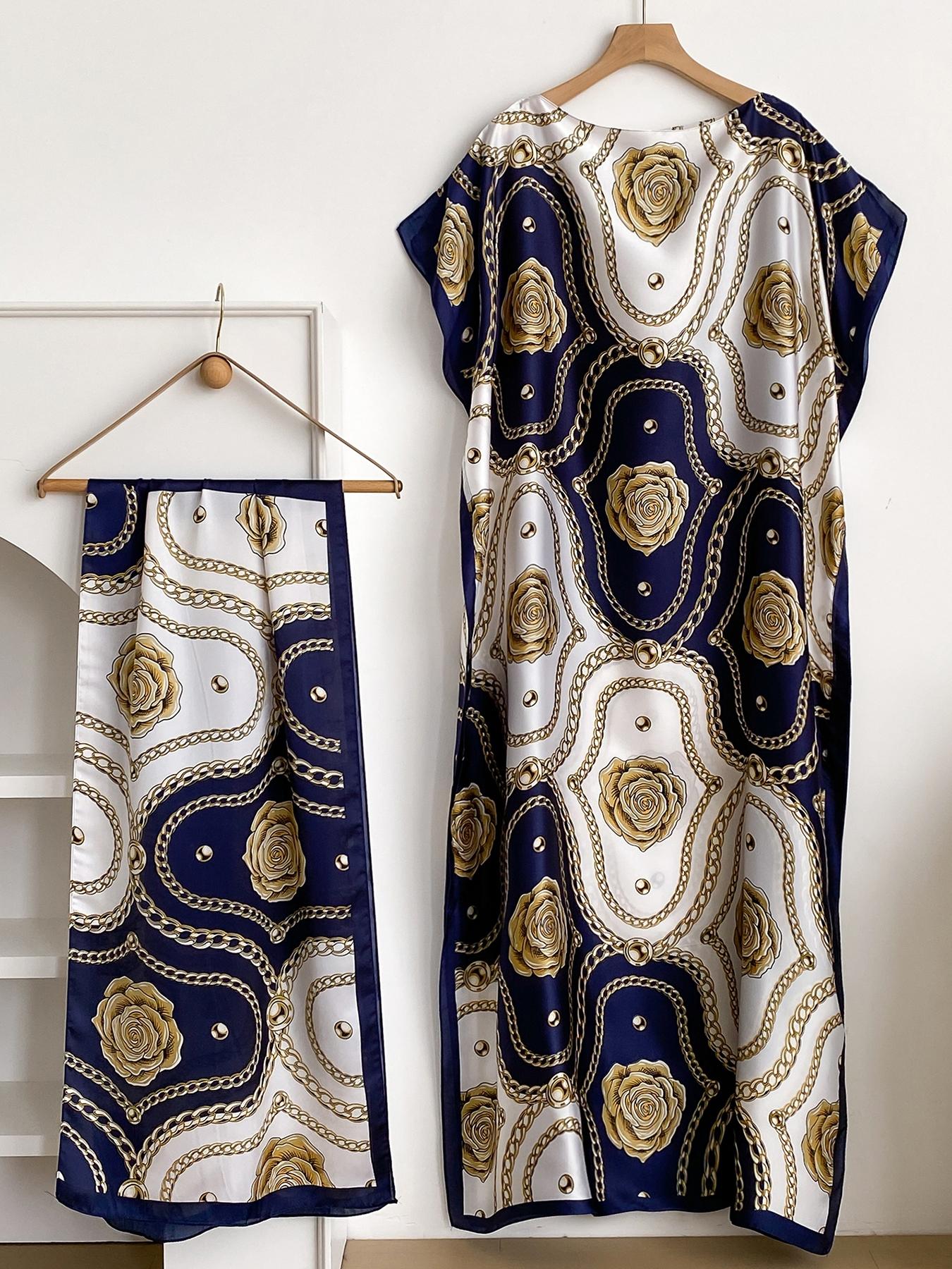 Elegant Floral Print Robe Set with Shawl Collar Dress, Long Scarf Headband for Women, Beach Sun Protection Satin Silk Fabric