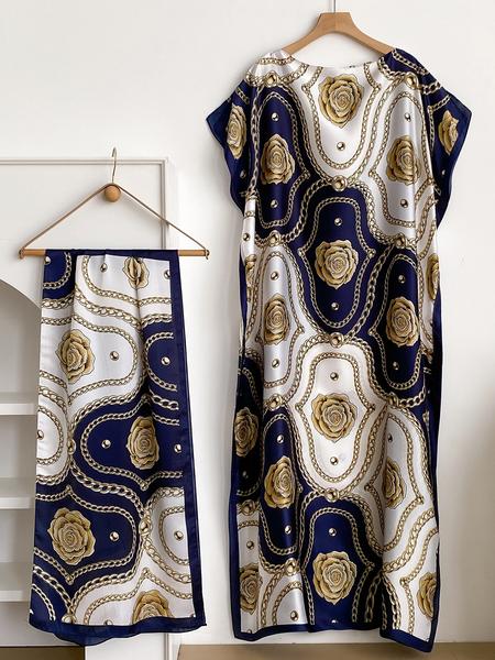 Elegant Floral Print Robe Set with Shawl Collar Dress, Long Scarf Headband for Women, Beach Sun Protection Satin Silk Fabric