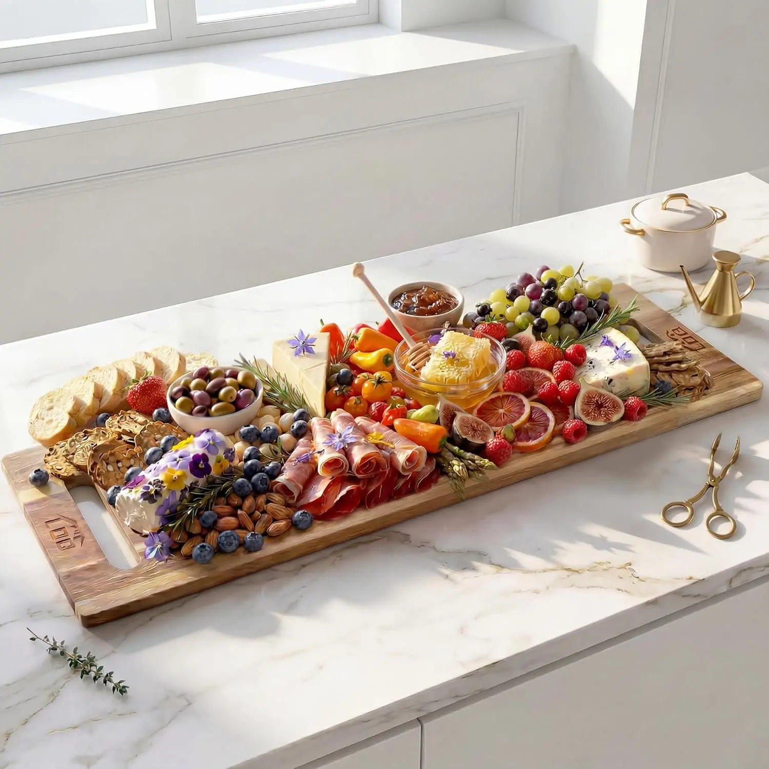 36 Inch Extra Large Acacia Wood Charcuterie Board, Long Serving Board with Handles & 2 Stands, Rectangular Cheese Platter Cutting Board Serving Tray for Meat, Party Appetizers