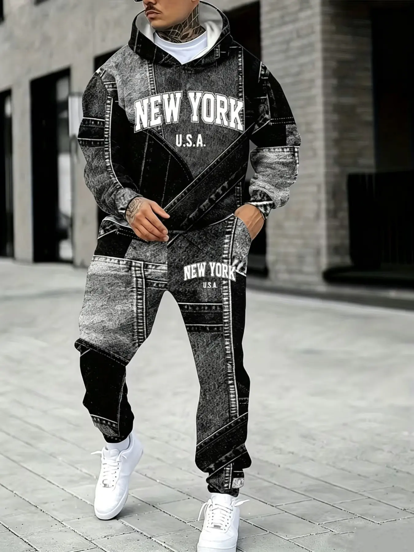 Men's Denim Patchwork Hoodie Set, New York Letter Print, Casual Loose-Fit, Fall Winter Streetwear, Two-Piece