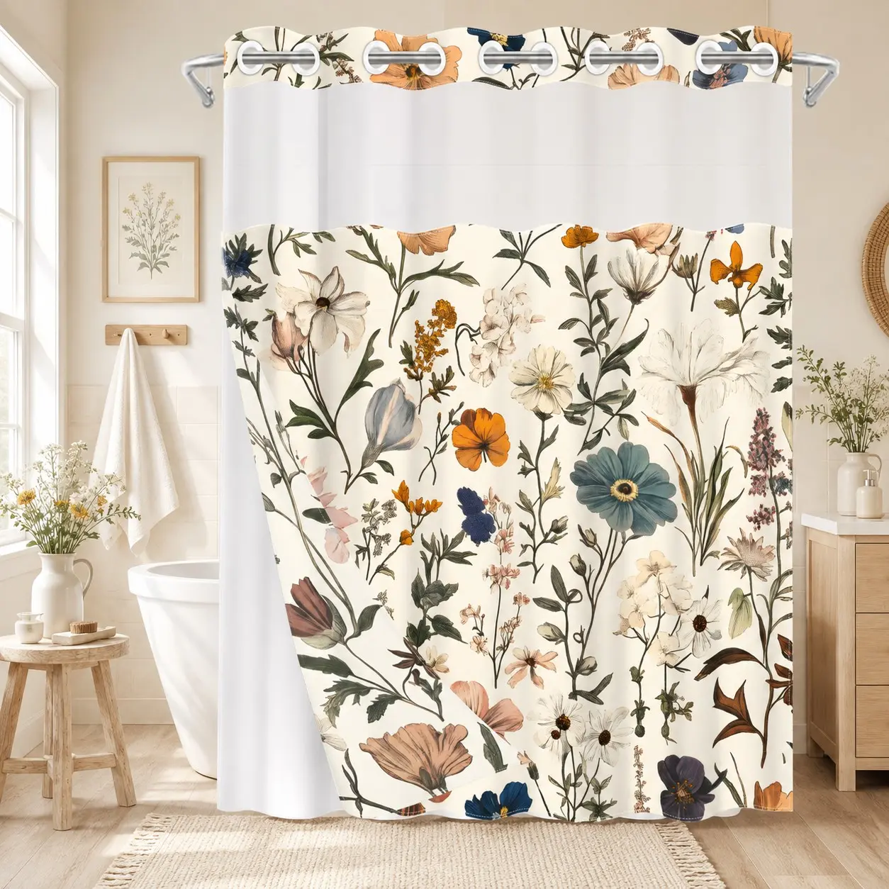 1Pc Vintage Farmhouse Boho Hookless Double Layer Floral Shower Curtain, Botanical Wildflower Print, Removable Snap-In Waterproof Anti-Mildew White Liner, Sheer Top Window, Machine Washable for Home, Apartment & Hotel, 71×74in