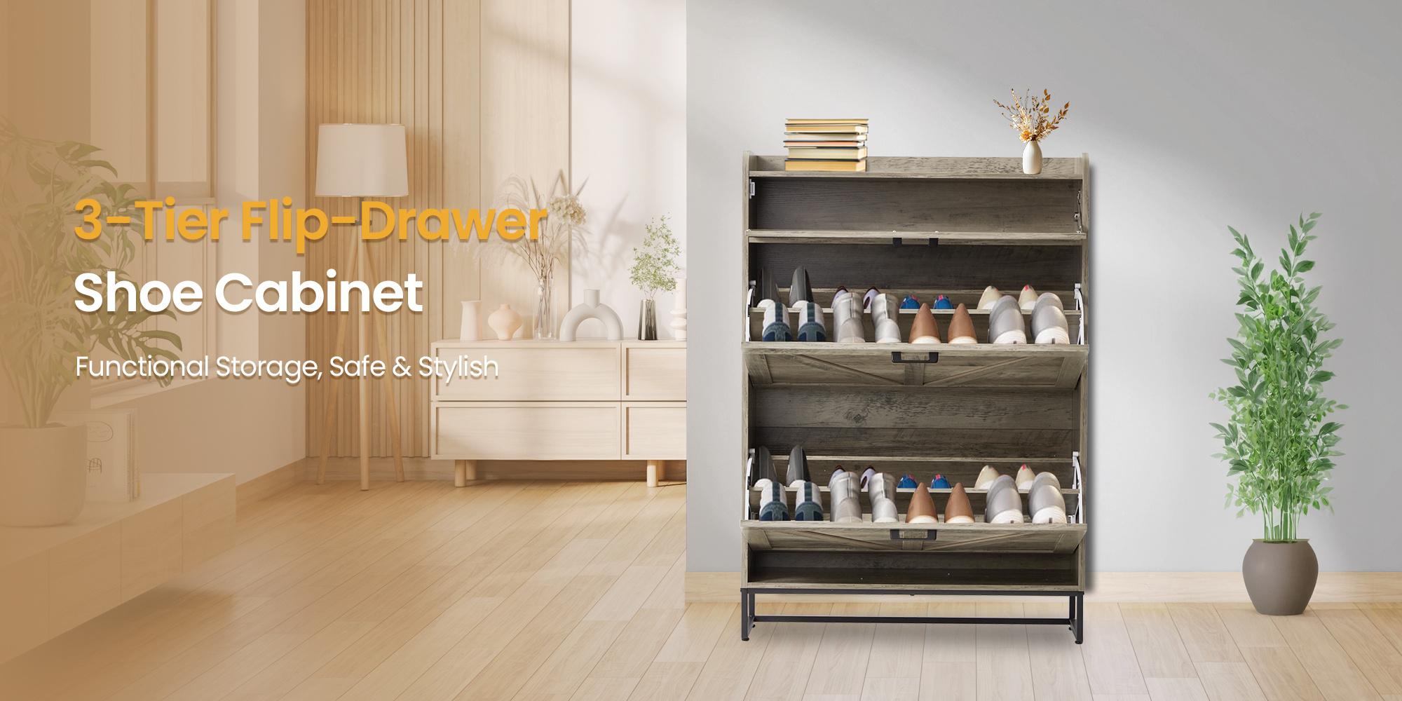 Farmhouse Style Freestanding Shoe Cabinet with 2 Flip Drawers, Large Capacity Storage for Entryway, Adjustable Compartments, Heavy Duty Build, Side Hooks Included, Oak Gray