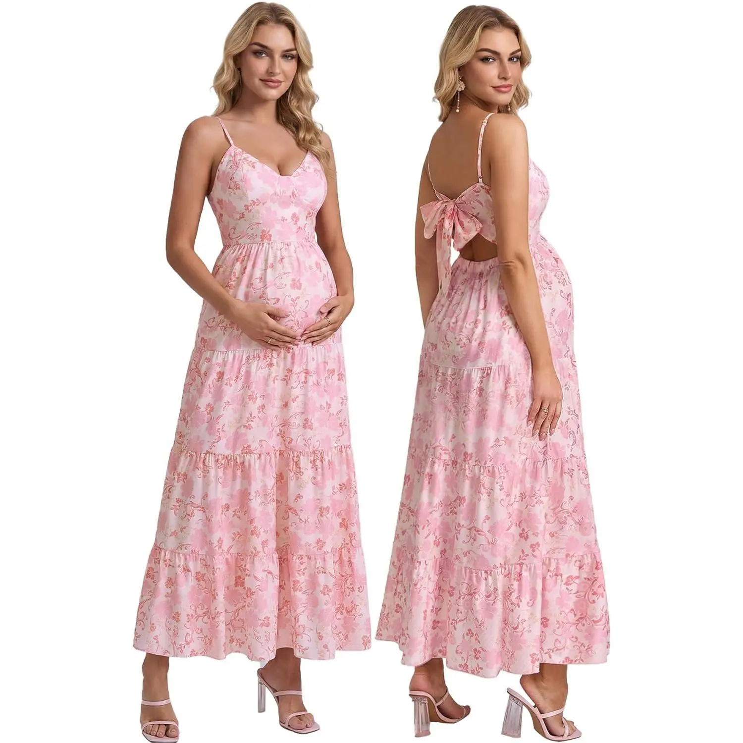 HTZMO Maternity Floral Summer Maxi Dress Bow Tie V Neck Baby Shower Photoshoot Casual Boho Long Sundress for Women