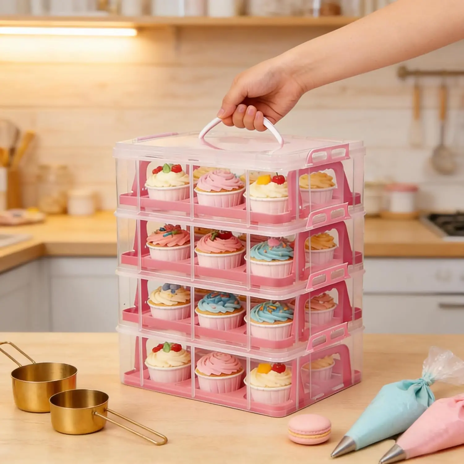Cupcake Carrier Stackable Storage Container Collapsible Cake Carrier with Lid and Handle, with 50 PCS Cupcake liners,Reusable Plastic Dessert Travel Container,Transport Box (48 Cupcakes Pink)