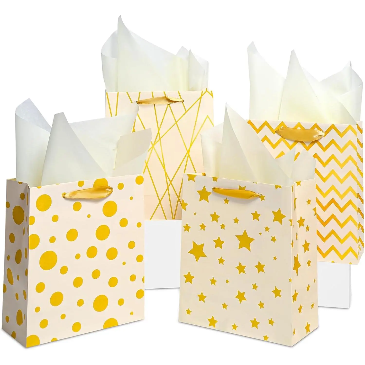 4 count Beautiful  Bags, 9" Medium Size  Bag with Handles and Tissue Paper,   Bags Suitable for Presents of  Shower, Birthday, Weddings, Christmas,  Day & Other Occasion ()