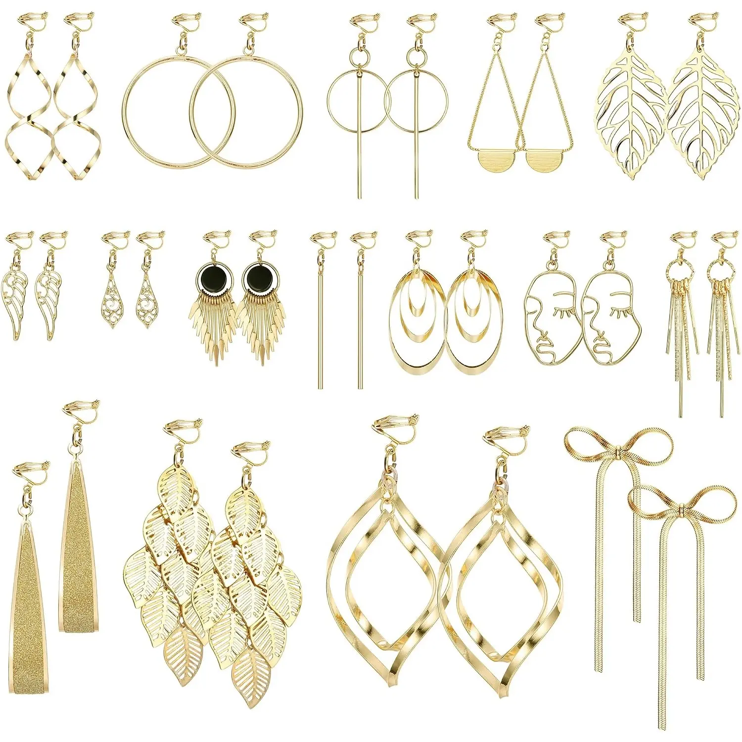 16 Pairs Gold Tone Clip on Dangle Earrings Set for Women Trendy Boho Dangling Clip Earrings Comfortable Fashion Bow Earrings Non-pierced Hypoallergenic