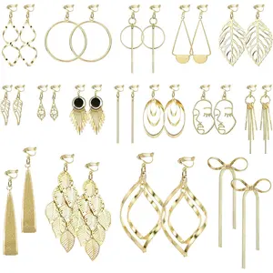 16 Pairs Gold Tone Clip on Dangle Earrings Set for Women Trendy Boho Dangling Clip Earrings Comfortable Fashion Bow Earrings Non-pierced Hypoallergenic