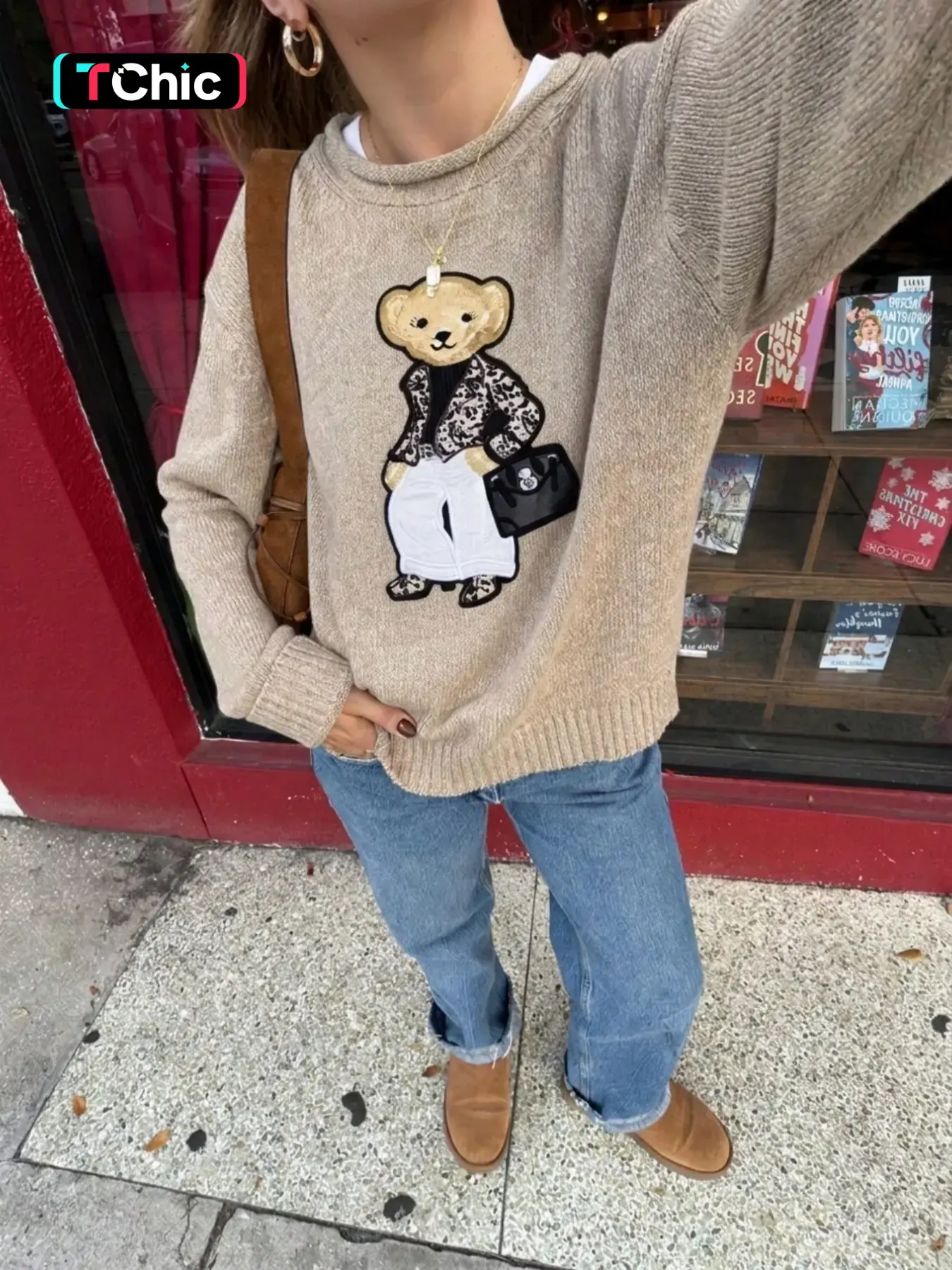 Women's Fall Winter Cute Bear Pattern Cartoon College Style Knit Sweater, Cozy and Stylish Pullover for Daily Wear, Perfect Gift Idea