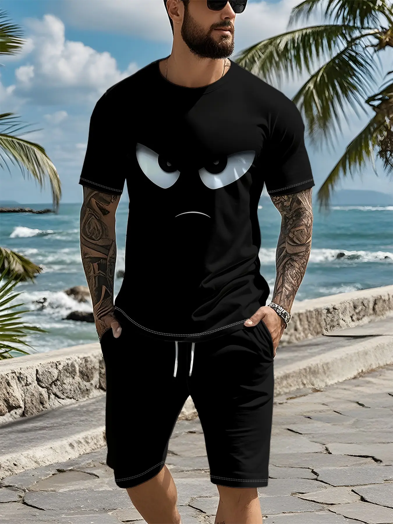 3D digital print two-piece set featuring cartoon characters with big eyes, frowns and cool tones on a pure black background, 2Pcs, trendy fashion suit, trendy retro casual two-piece set, trendy vacation-style outfit, breathable sporty casual style, an ide