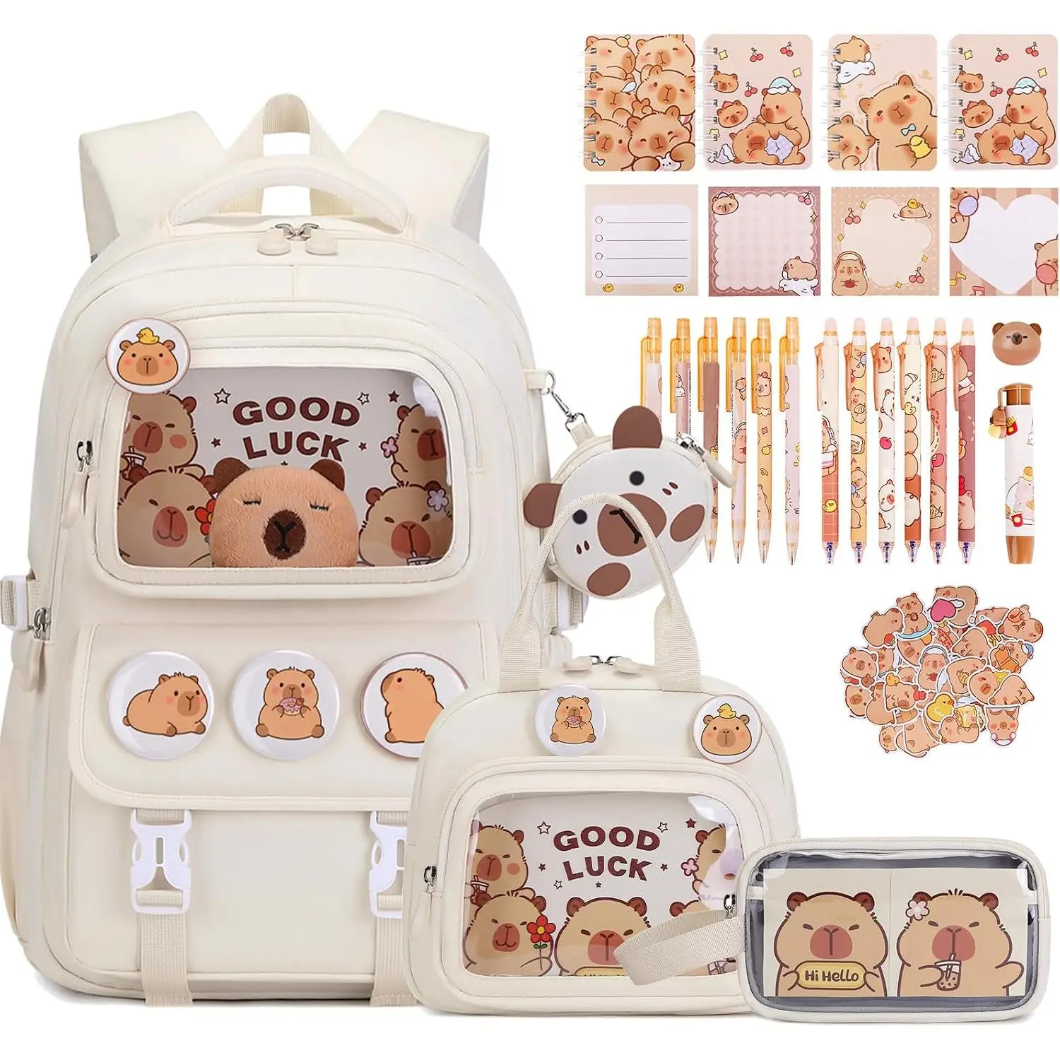Capybara Backpack for School Girls, 30 count Capybara Gifts School Supplies Stationery Set with Lunch Box Pencil Case Pens Pencils Notebook Cartoon for  Elementary Student(Beige)