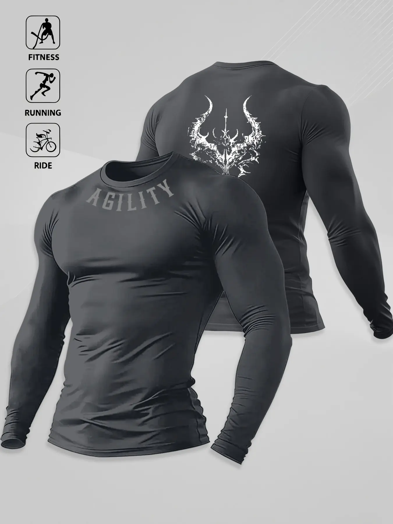 Men's Quick-Dry Compression Long Sleeve Sportswear, Athletic Clothing, Fitness Sport Top, Athletic Apparel Tops, Compression Tops, Demon Totem Print, Slim-Fit, Elastic, Ideal for Gym and Running, All Seasons, Athletic Compression Shirts