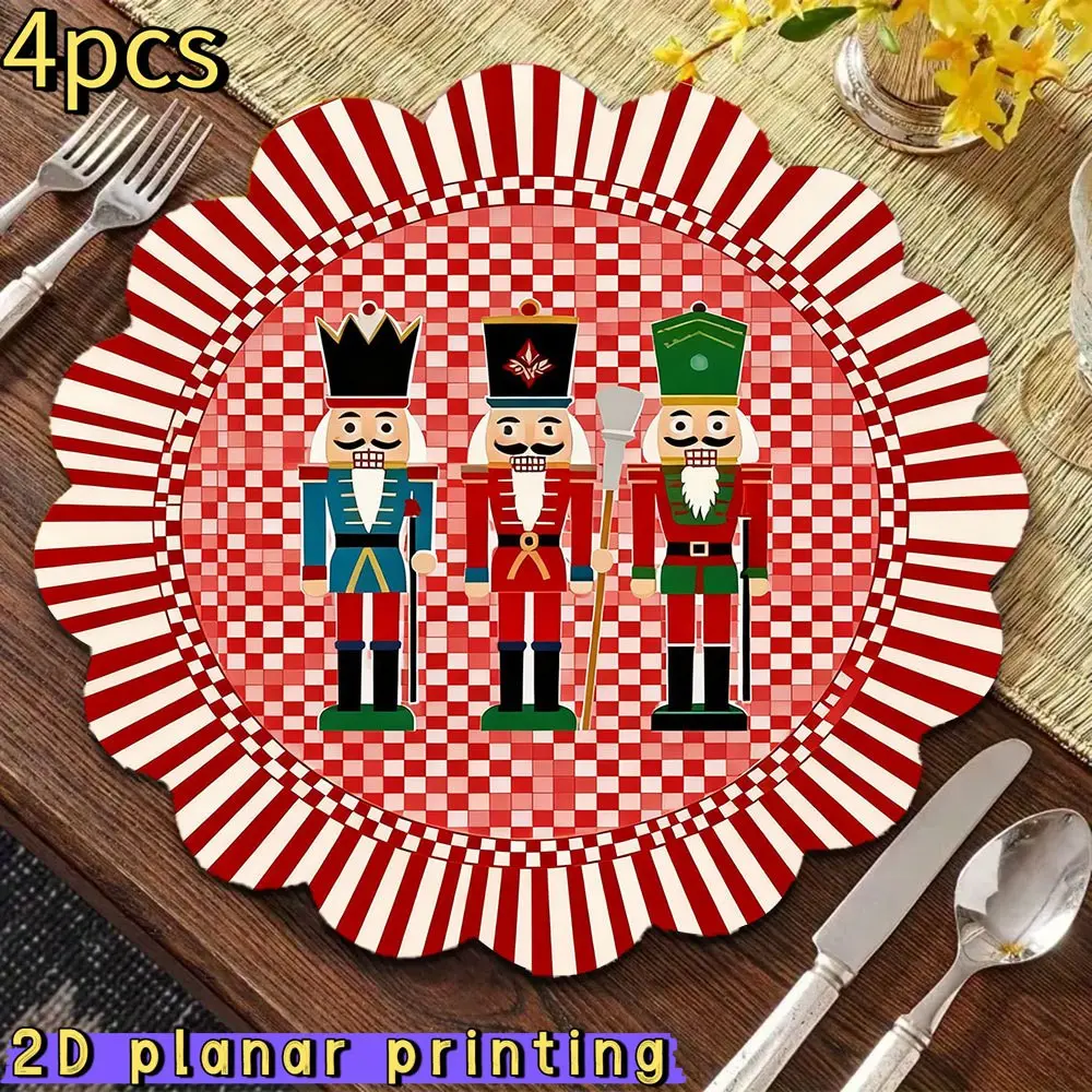 Christmas Nutcracker Printing Placemats,4pcs Red Plaid Table Mats Set Wave Round 15inch Polyester Place Mats for Christmas Indoor & Outdoor Dining Decor