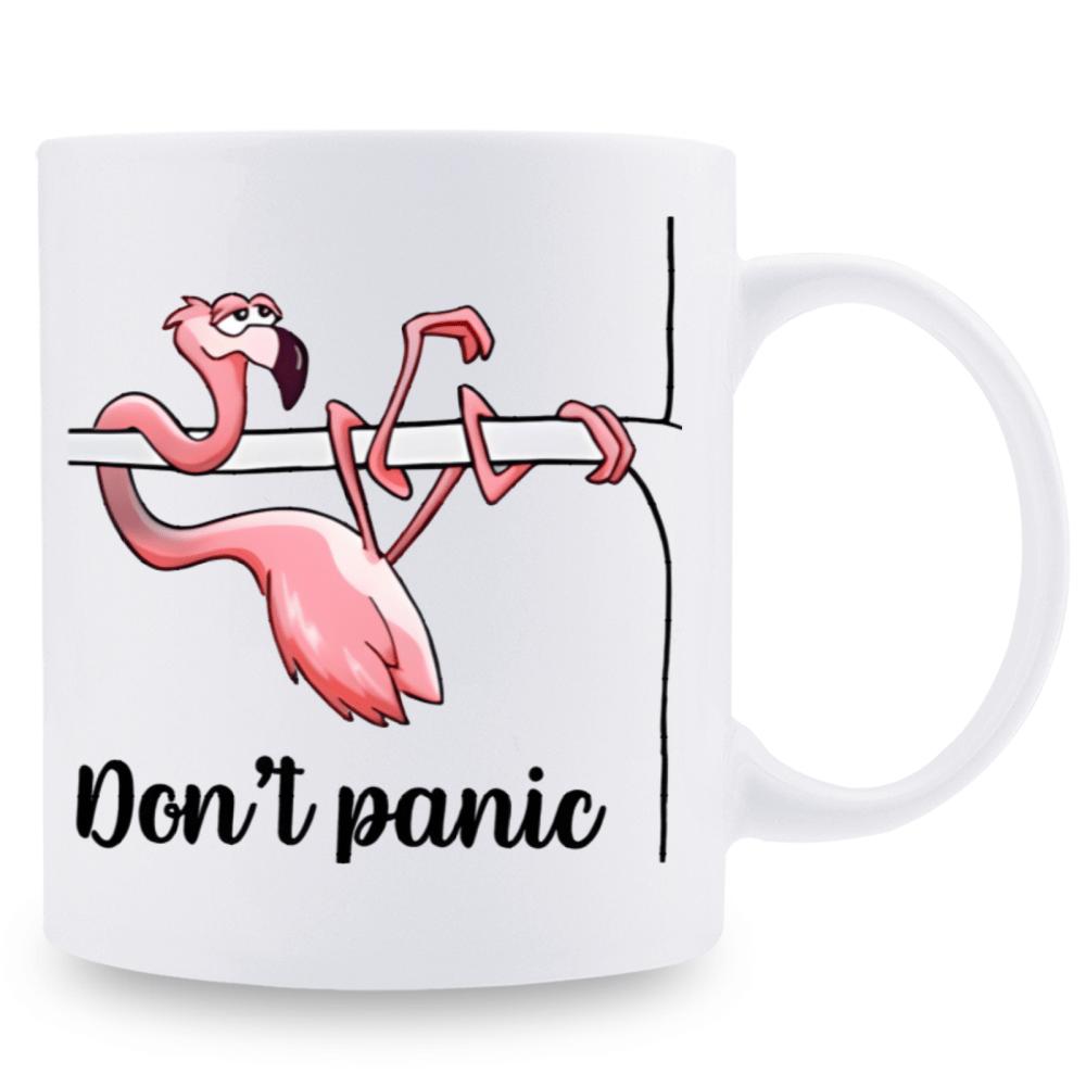 1pc, "Don't panic" Pink Flamingo Ceramic Mug Cup - 11oz 3A Personalized Flamingo Pattern Coffee Mug, Tea Cups, Holiday Anniversary Gifts For Family, Friends, Lovers, Boyfriends, Girlfriends, Daughters, Sons, For Home Kitchen Or Office Use