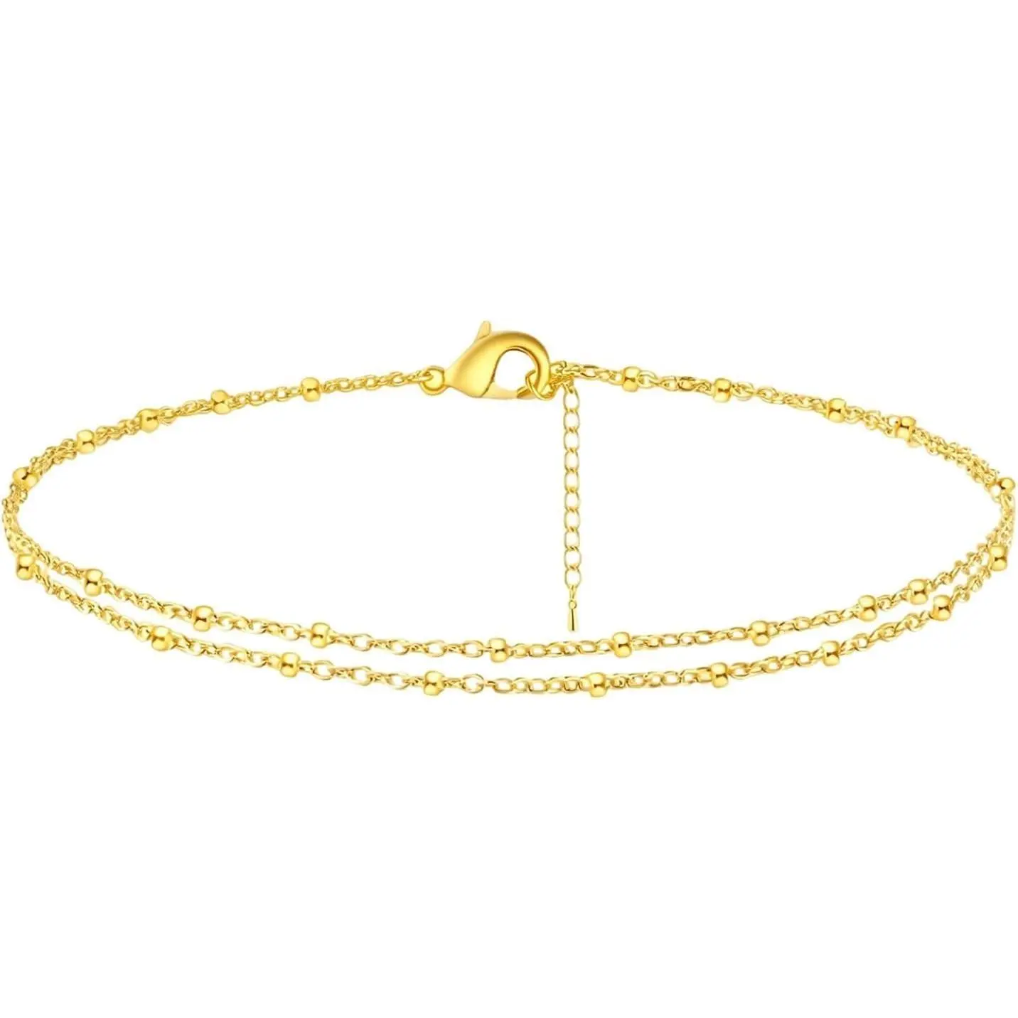 Anklets for Women , 14K  Plated Beaded Anklet Double Layer Cuban Wave Chain Adjustable Ankle Bracelet, Layered  Ankle Bracelet for Women