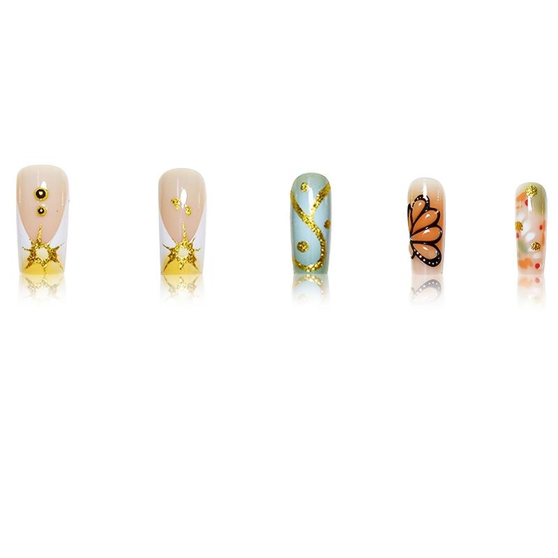 Cross-Border Hot-Selling Square Fake Nails Elegant High-End Butterfly Embellishment Fashion Simple Striped Wearable Nails Finished Wholesale