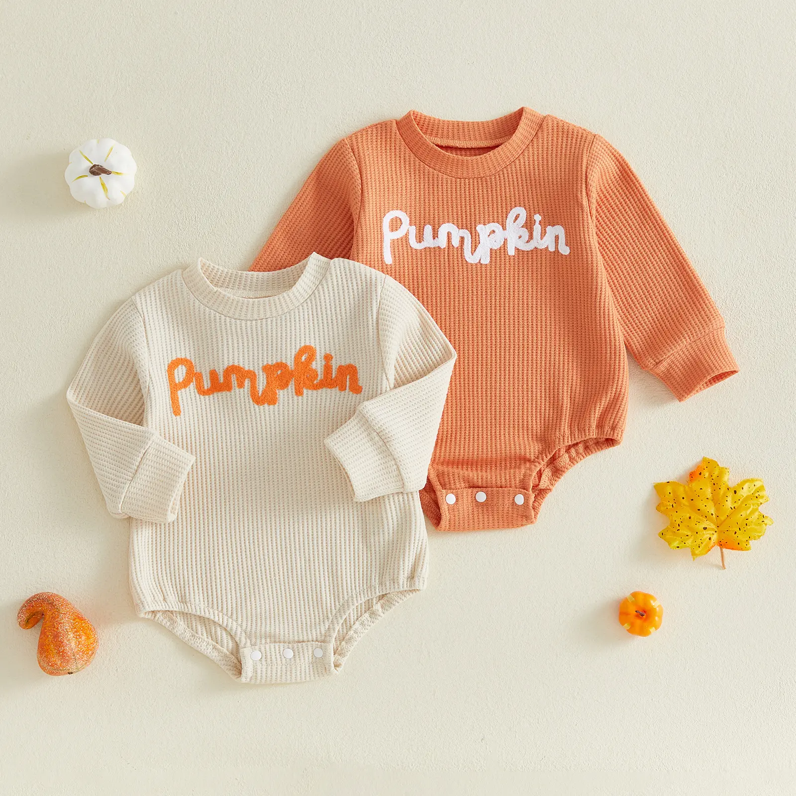 Babamoon Unisex Newborn Infant Halloween Romper, Embroidered Pumpkin Long-Sleeve Jumpsuit Bodysuit for 0-18M