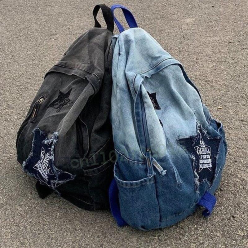 Y2K Korean Casual Denim Backpack Fashion Star Pattern Large Capacity Student Schoolbag Teenagers Vintage Punk Travel Book Bag