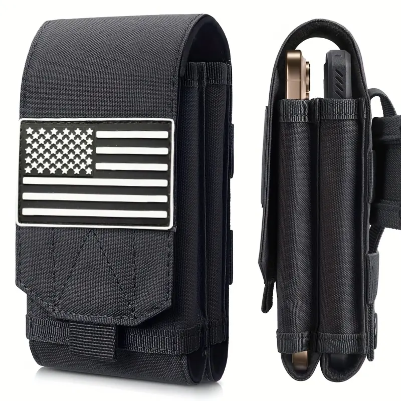 Molle Phone Pouch Tactical Phone Holster Universal Dual Cell Phone Holder Utility EDC Pouch with US Flag Patch Pouch Bags