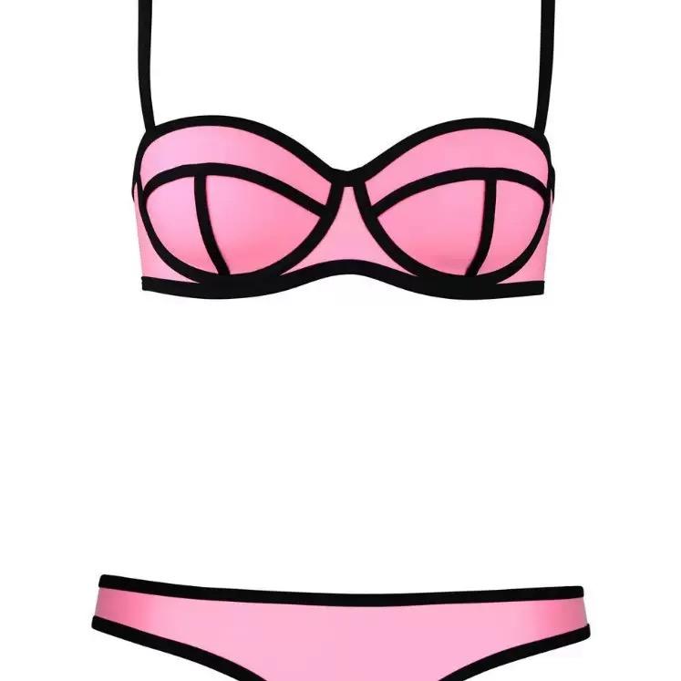 LikeMyChoice Multiple Colors Geometric Contrast Trim Bikini Convertible Strapless Two Piece Swimwear for Women Minimalist Solid Tones Premium Stretch Fabric Ideal for Beach Vacation sea fancy swimsuit casual fashion chic tie bathing suit