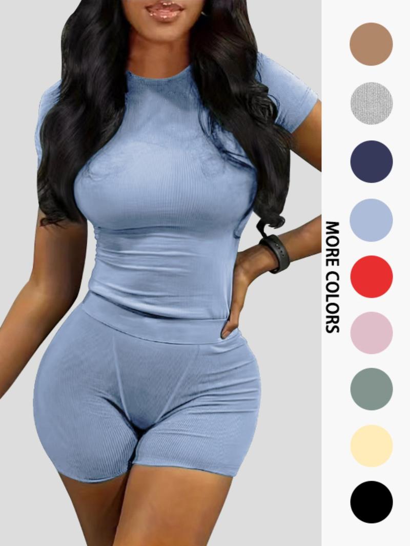 Women's Solid Ribbed Top & Skinny Shorts Set, Casual Comfy Round Neck Tee & Shorts For Yoga Gym Workout, Ladies Summer Clothes, Casual Activewear