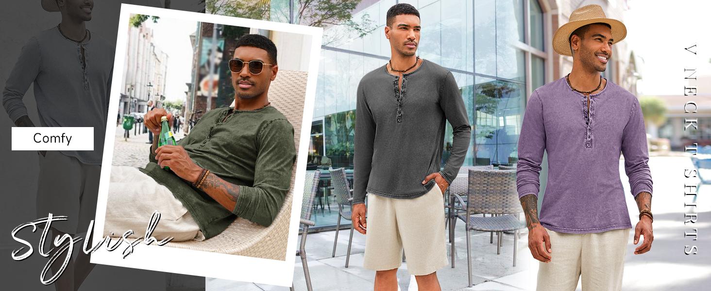 Beotyshow Mens Distressed Henley Shirts Retro Long Sleeve Tee Shirts Casual Button Down Washed T-Shirts for Men Cotton Menswear Father's Day Gift Shirt