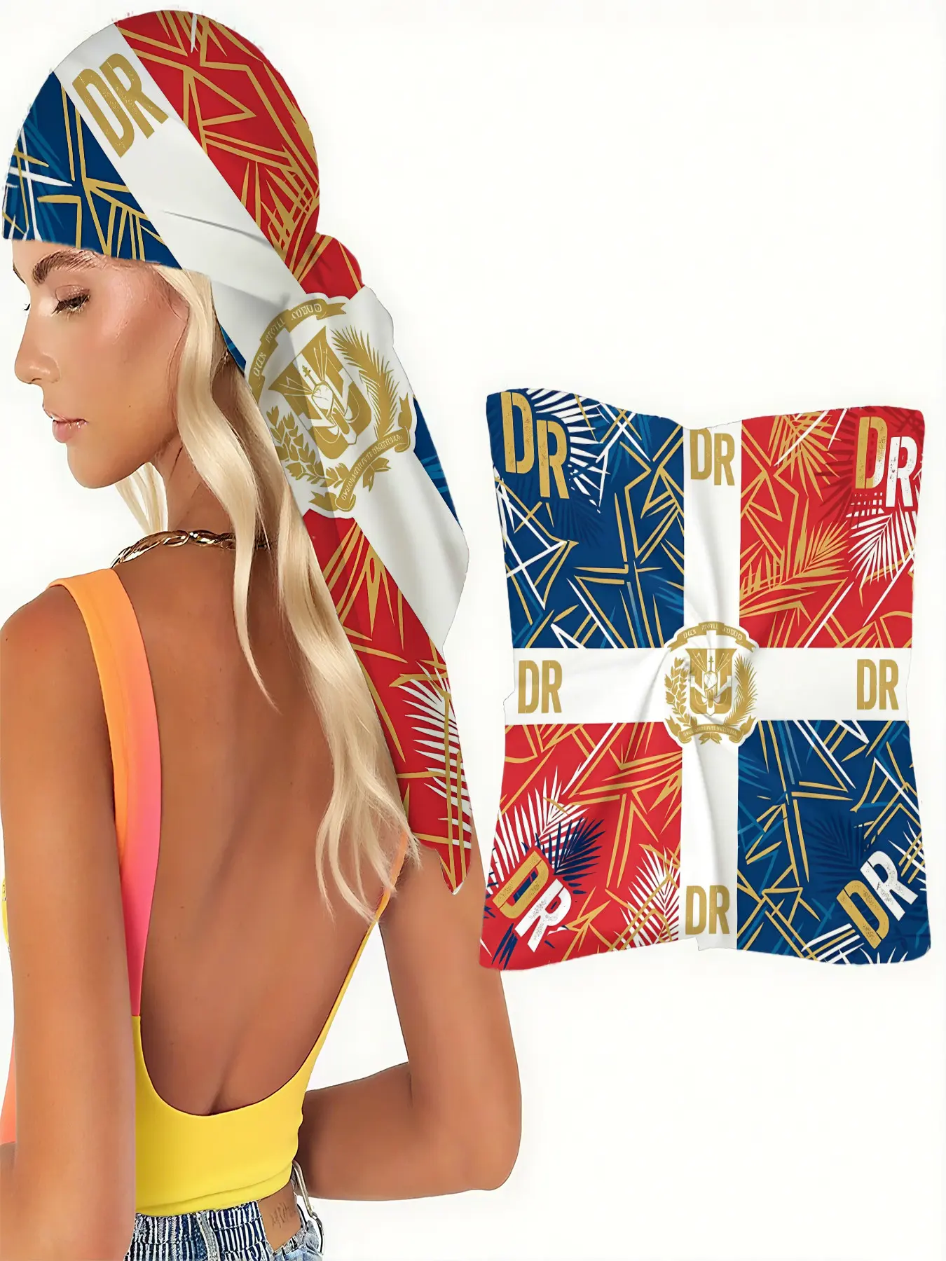 [Dominican Republic Culture] Scarf Shawl Wrap Head Scarf with DR Monogram, National Flag Colors, Gold Palm Fronds & Coat of Arms - Ideal for Cultural Festivals, Tropical Travel, Resort Wear, Heritage Celebrations and Summer Outings
