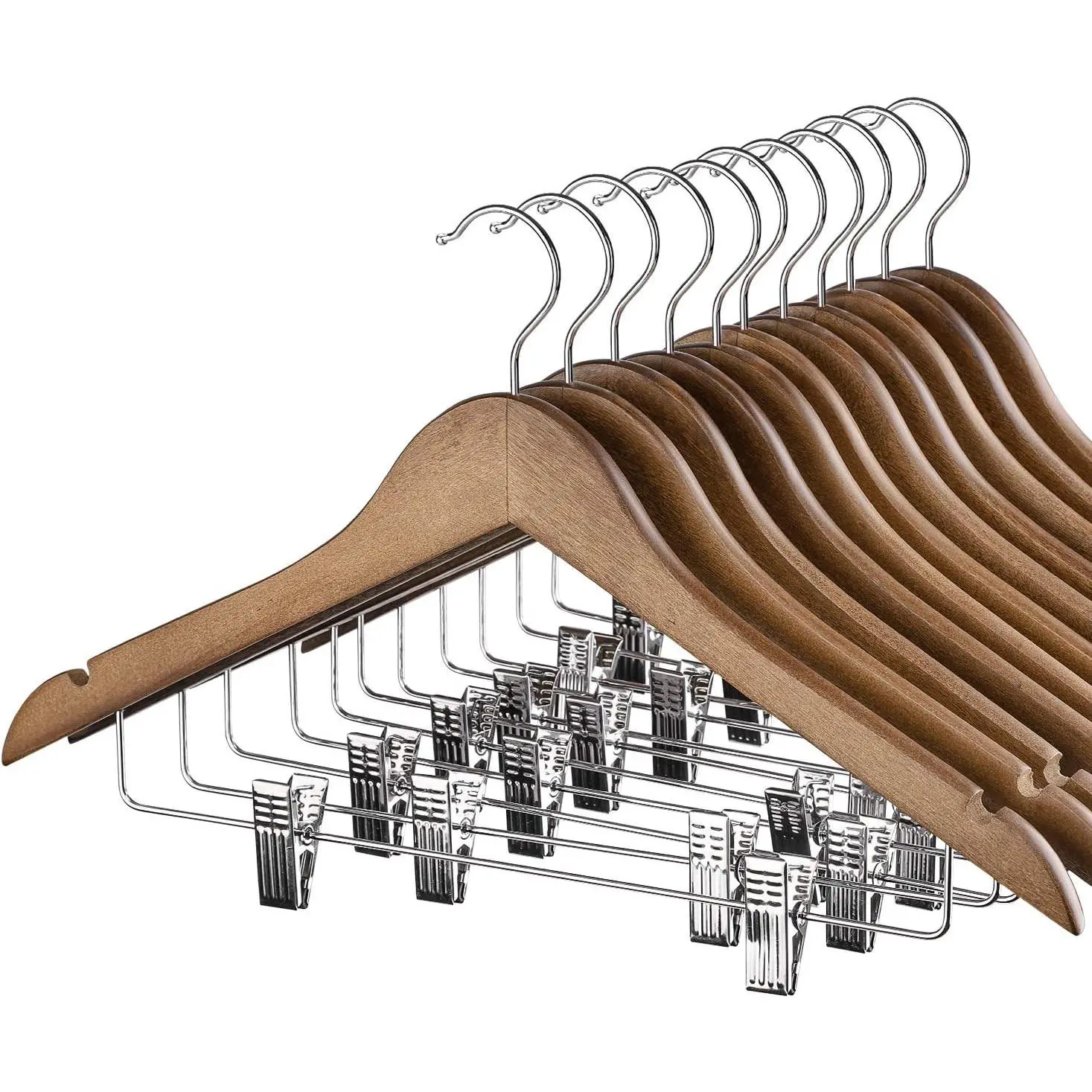 12 Pack Walnut Wooden Hangers with Clips for Suits, Pants, Skirts, Coats, Jeans, Bottoms & Dresses - Heavy-Duty Wood Hangers with Swivel Hooks, Adjustable Metal Clips, Smooth Shoulders