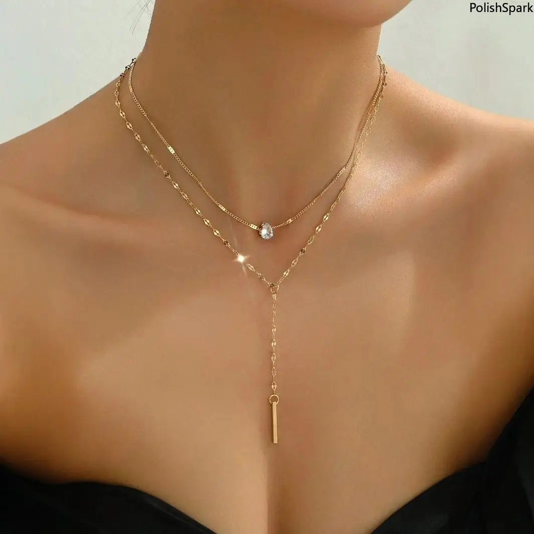 Dainty Crystal Y-Drop Layered Necklace for Women – 2 Piece Gold Silver Lip Chain, Adjustable Lariat Choker, Delicate Sexy Jewelry for Daily & Date Night Wear