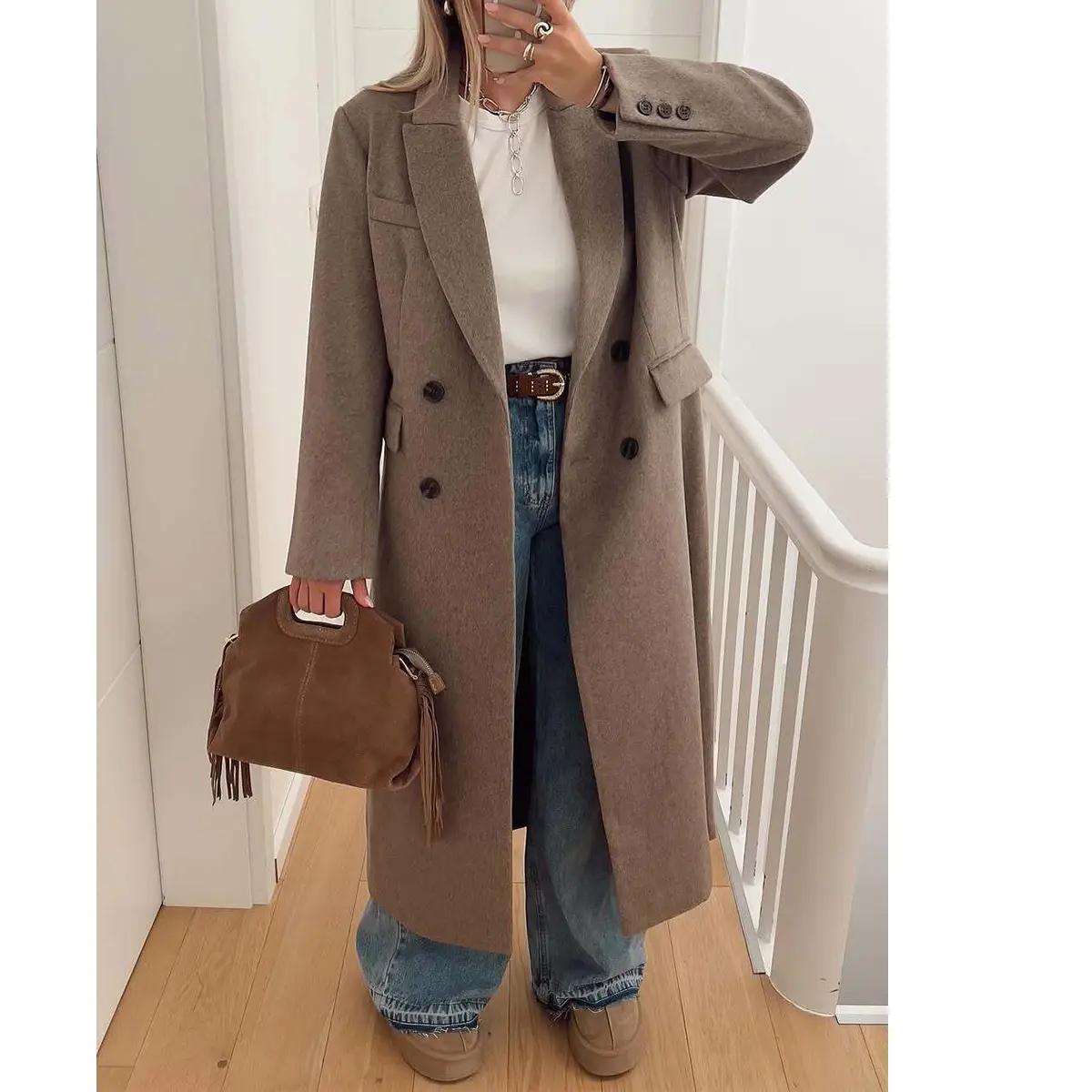 Cicy Bell Women's Double Breasted  Long Coat Lapel Oversized Casual Warm Fall Winter Outerwear