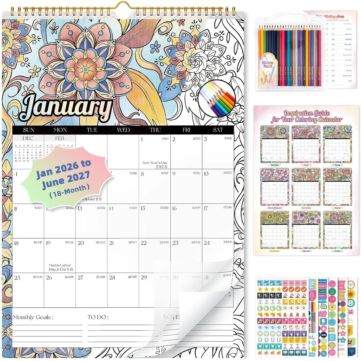 Wall Calendar 2026 - 2027  Coloring Calendar 12'' x 17'', Monthly  Calendars Planner with Plastic Cover, 18 Month Doodle Calendar for Family, Office, Use Jan 2026 - June 2027, Floral