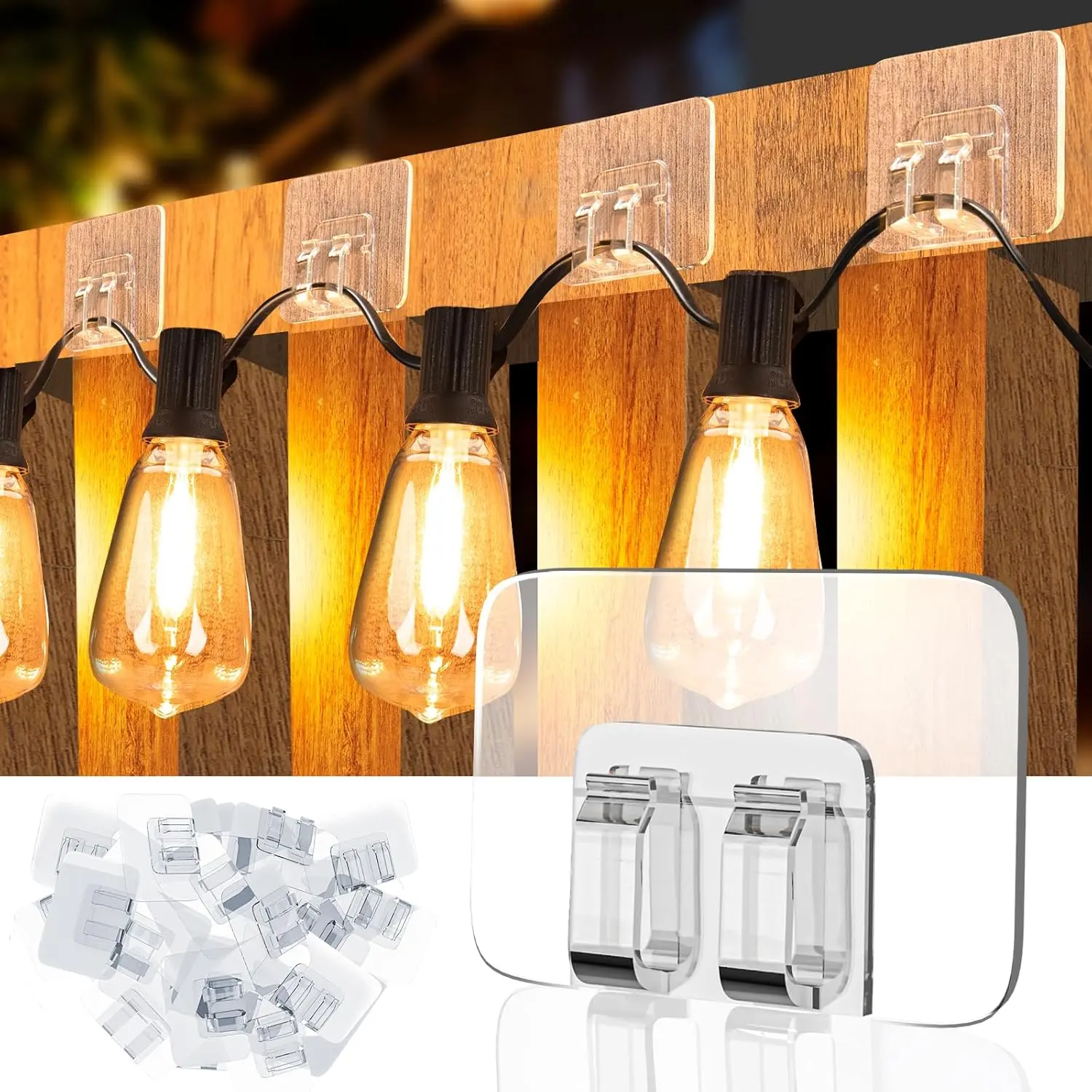 50 PCS Hooks for Outdoor String Lights, Heavy Duty Clear Christmas Light Clips with Waterproof Adhesive Sticky Strips, UV-Resistant Light Hooks for Outside Metal Roof Porch Patio Decor