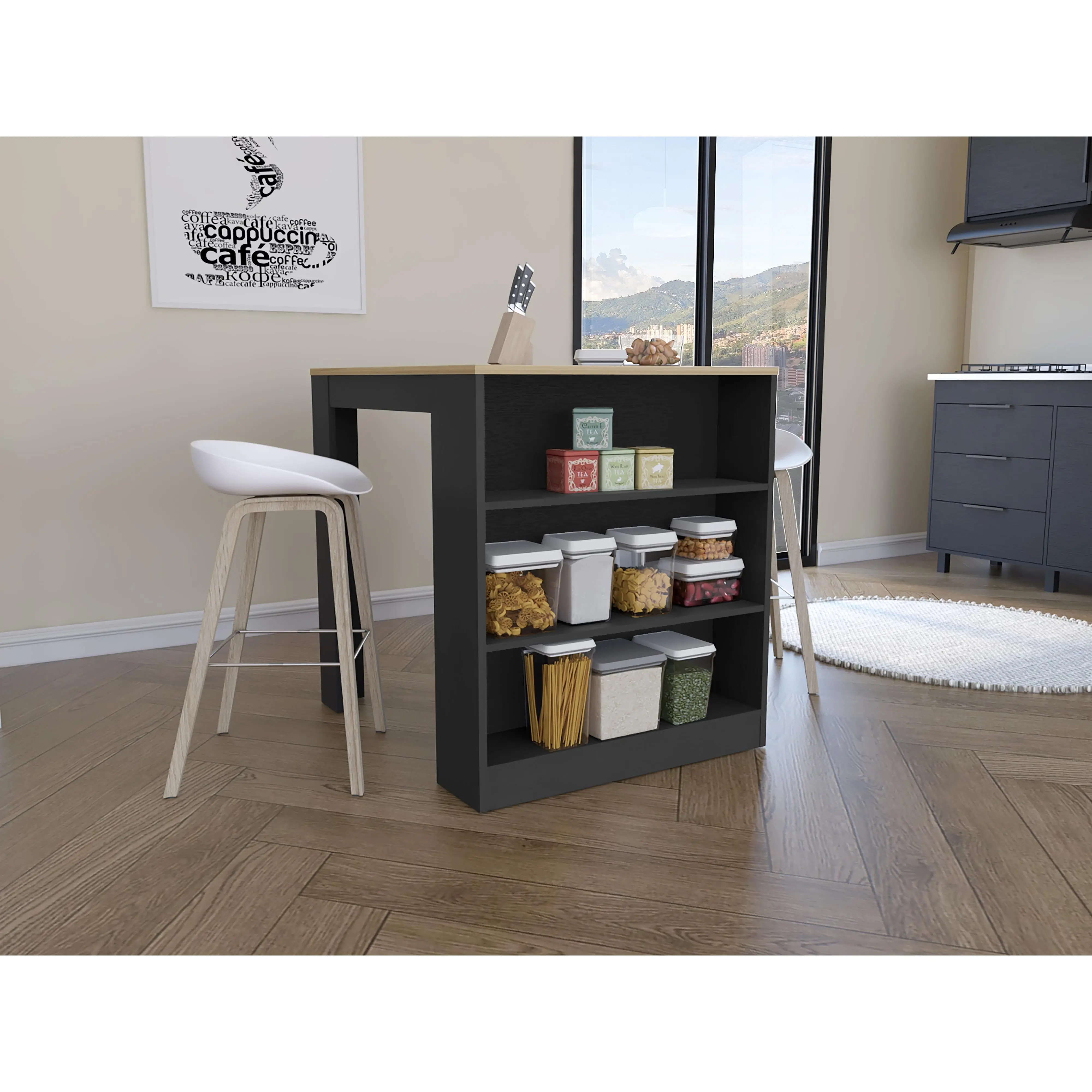 Nokka Multicolor Particle Board Kitchen Counter Dining Table Combo Unit, 36.2x36.2in Square Top, 2-Leg Base, 3 Open Shelves, for Dining Room, Kitchen (36.2" size)