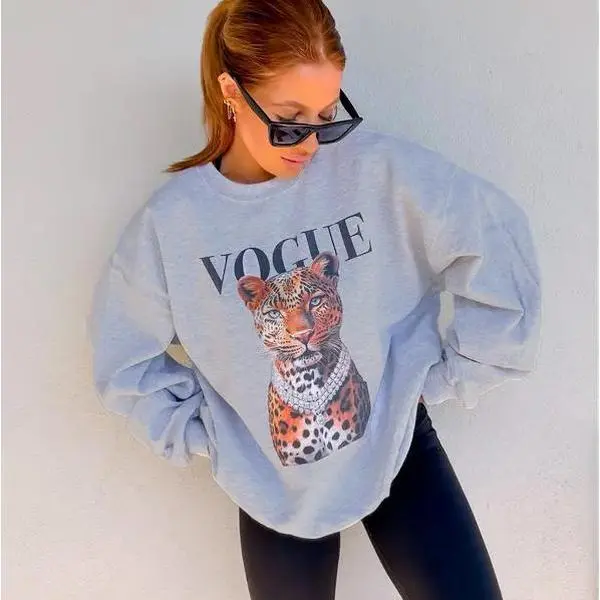 Women's Casual Long-Sleeve Leopard Graphic Crew Neck Sweatshirt, Fashion Tops