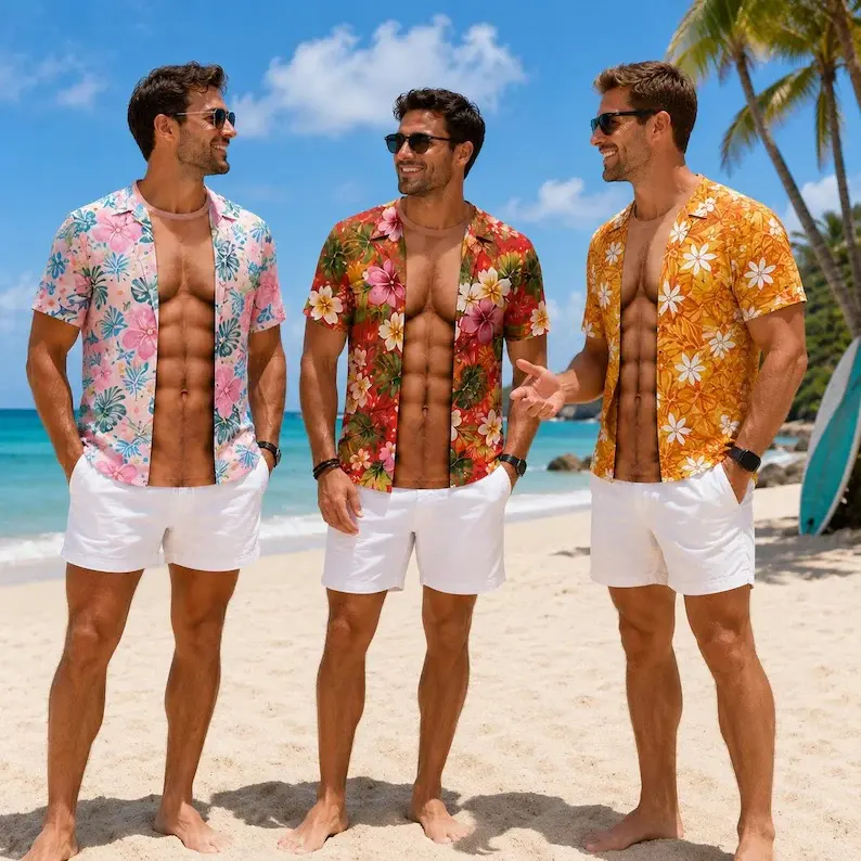Custom Funny Muscle T Shirt for Men, Hawaiian Shirt Illusion Tee, Personalized 3D Fake Open Shirt, Too Hot To Handle Summer Vacation Gift # TikTokMadeMeBuyIt # CoupleMatchingTees # 3DPrintShirt # BeachGagGift # FunnyNoveltyTops