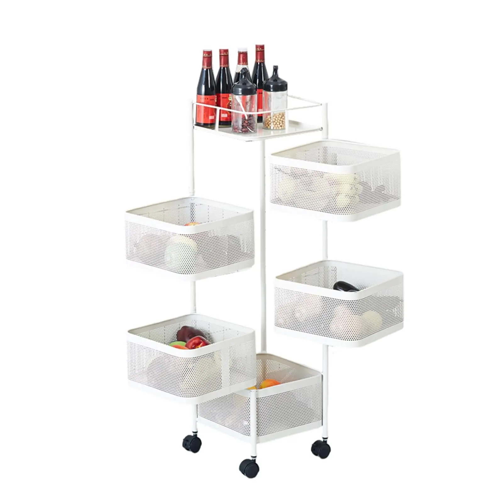 Space Saving 5 Tier Metal Mesh Rolling Pantry Cart No Assembly Needed, Rotatable Storage Baskets with Top Cover, Durable Mobile Trolley to Store Fruits Snacks Vegetables for Kitchen Counter Pantry
