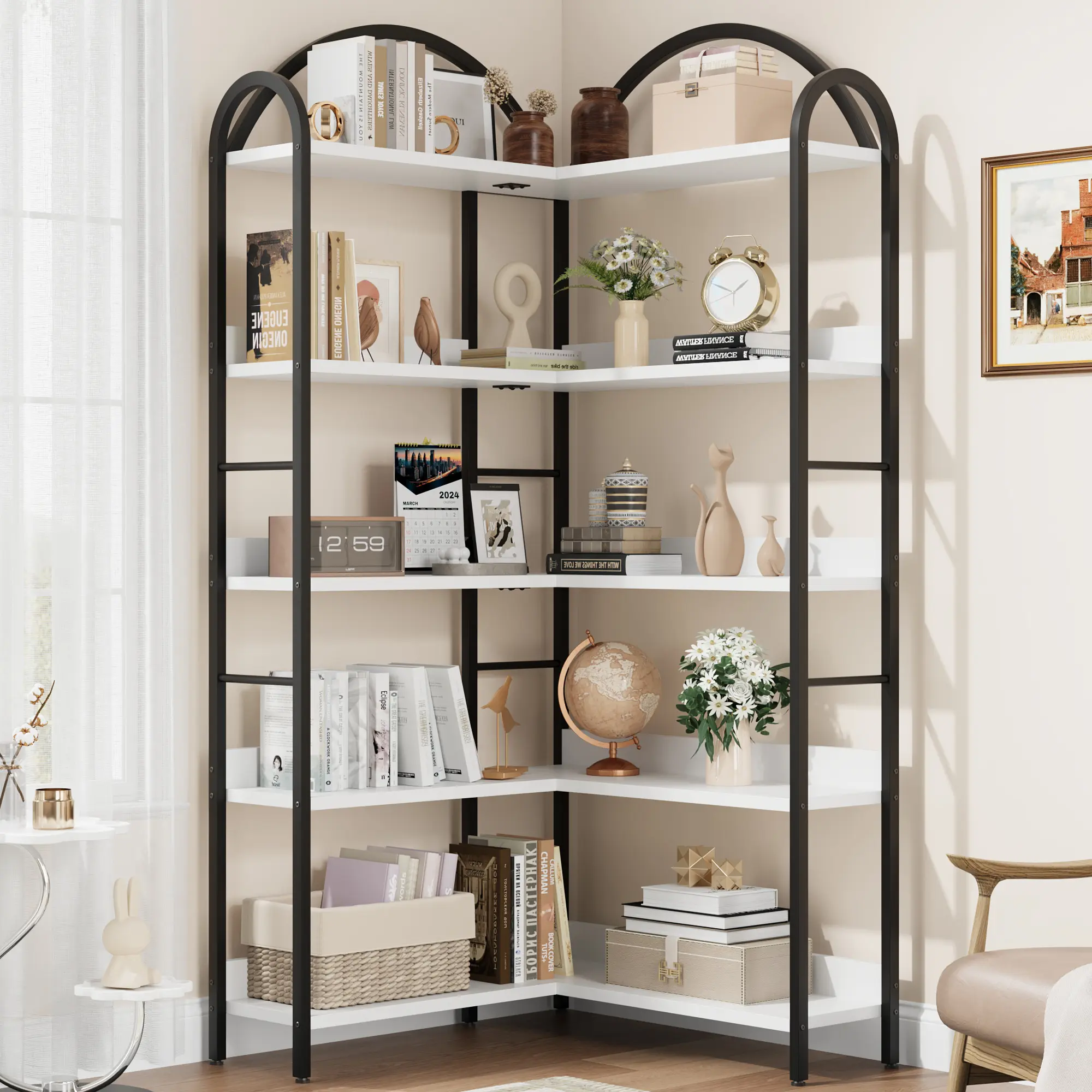 5-Tier L-Shaped Corner Bookshelf, Modern Industrial Bookcase with Arched Metal Frame, Open Wood & Metal Storage Shelves, Space-Saving Office Display Rack for Living Room, Bedroom